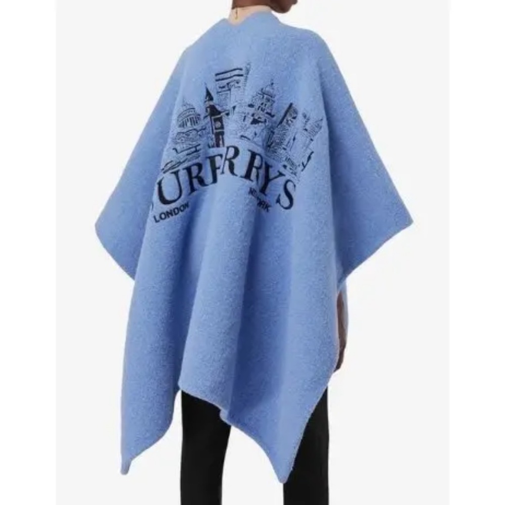 BURBERRY Alpaca Wool Poncho in Sky Blue Logo AUTHENTIC 💯